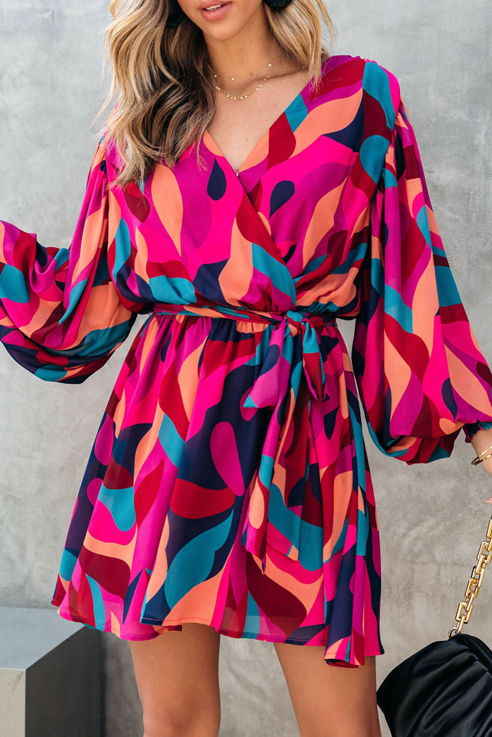Red Abstract Printed Belted Puff Sleeve Mini Dress - Premium Dresses from Momma Done Gone Crafty- Just $49.94! Shop now at Momma Done Gone Crafty