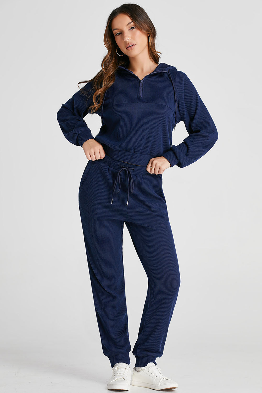 Navy Blue Ribbed Knit Cropped Hoodie and Drawstring Joggers Set - Premium Activewear/Activewear Sets from Ashes 2 Wildflowers Boutique, LLC- Just $42! Shop now at Ashes 2 Wildflowers Boutique, LLC