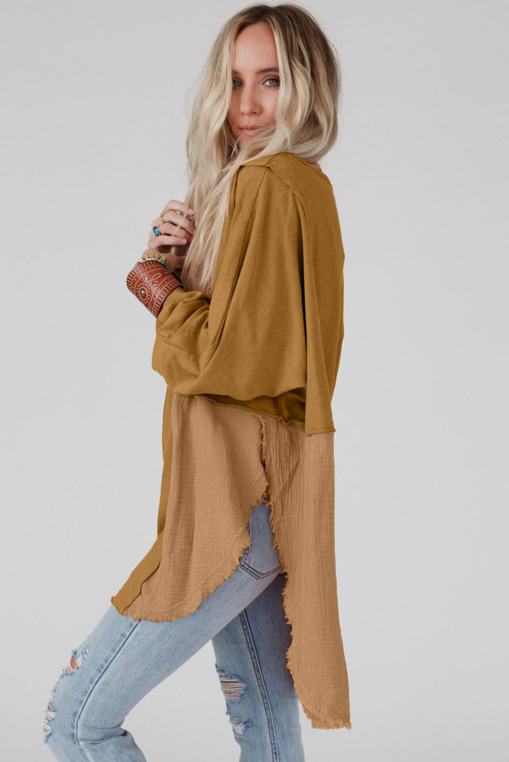 Camel Crinkle Splicing Raw Hem High Low Oversized Blouse - Premium Tops from Momma Done Gone Crafty- Just $34.80! Shop now at Momma Done Gone Crafty