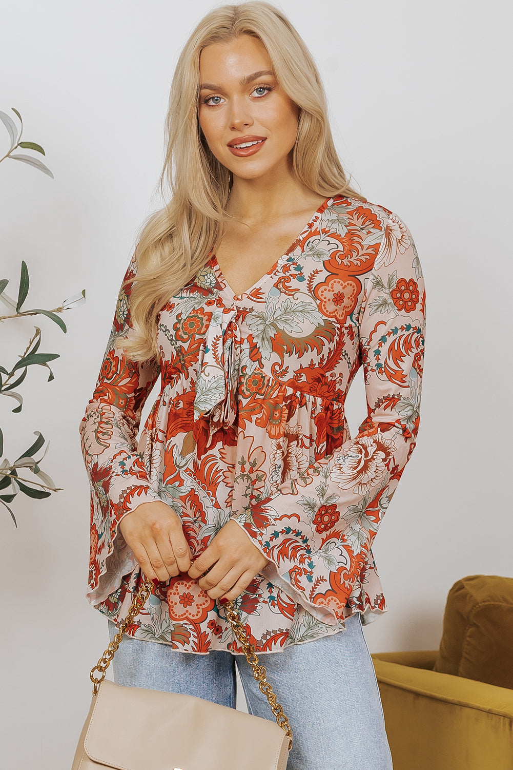 Orange Floral Print Deep V Neck Knot Bell Sleeve Blouse - Premium Tops/Blouses & Shirts from Ashes 2 Wildflowers Boutique, LLC- Just $17.58! Shop now at Ashes 2 Wildflowers Boutique, LLC