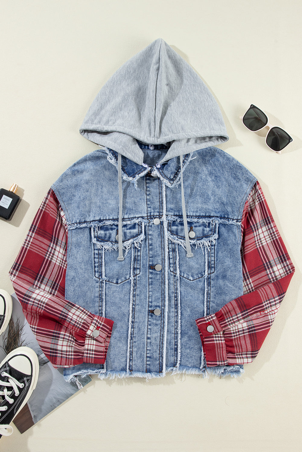 Beau Blue Plaid Print Patchwork Hooded Raw Hem Denim Jacket - Premium Outerwear/Denim jackets from Ashes 2 Wildflowers Boutique, LLC- Just $34.30! Shop now at Ashes 2 Wildflowers Boutique, LLC