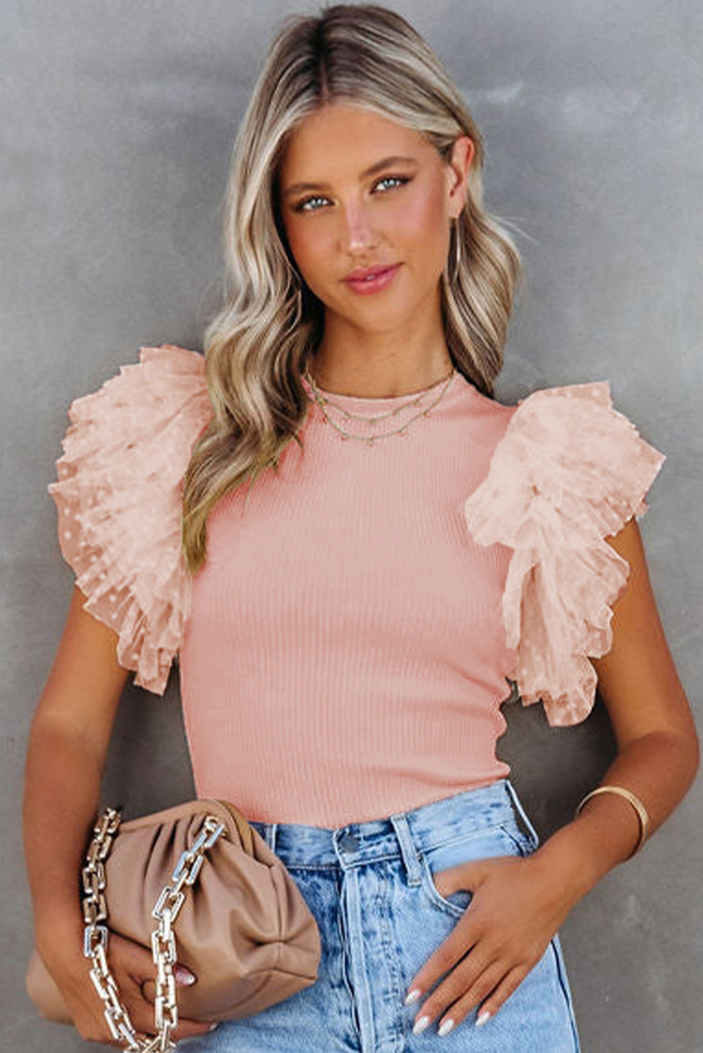 Pink Dotty Mesh Ruffle Sleeve Ribbed Knit Top - Premium Tops from Ashes 2 Wildflowers Boutique, LLC- Just $38.99! Shop now at Ashes 2 Wildflowers Boutique, LLC