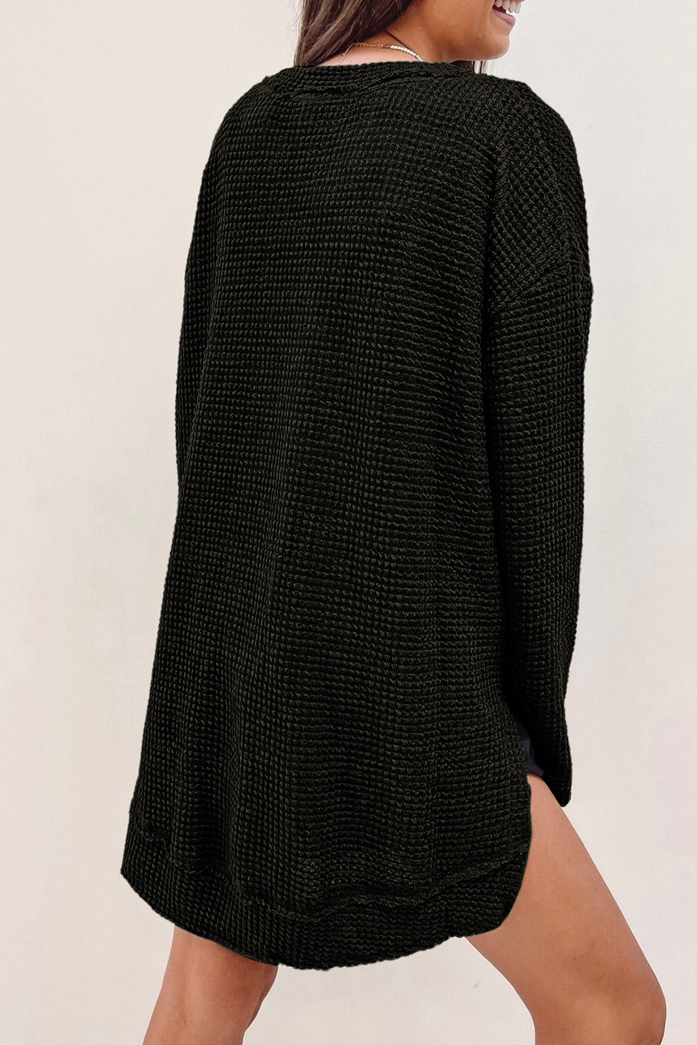 Black Waffle Knit High Slits Oversized Top - Premium Tops from Momma Done Gone Crafty- Just $33.87! Shop now at Momma Done Gone Crafty