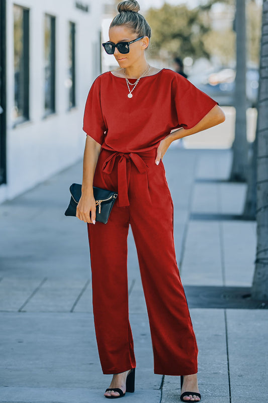 Red Belted Wide Leg Jumpsuit - Premium Bottoms from Momma Done Gone Crafty- Just $40.20! Shop now at Momma Done Gone Crafty