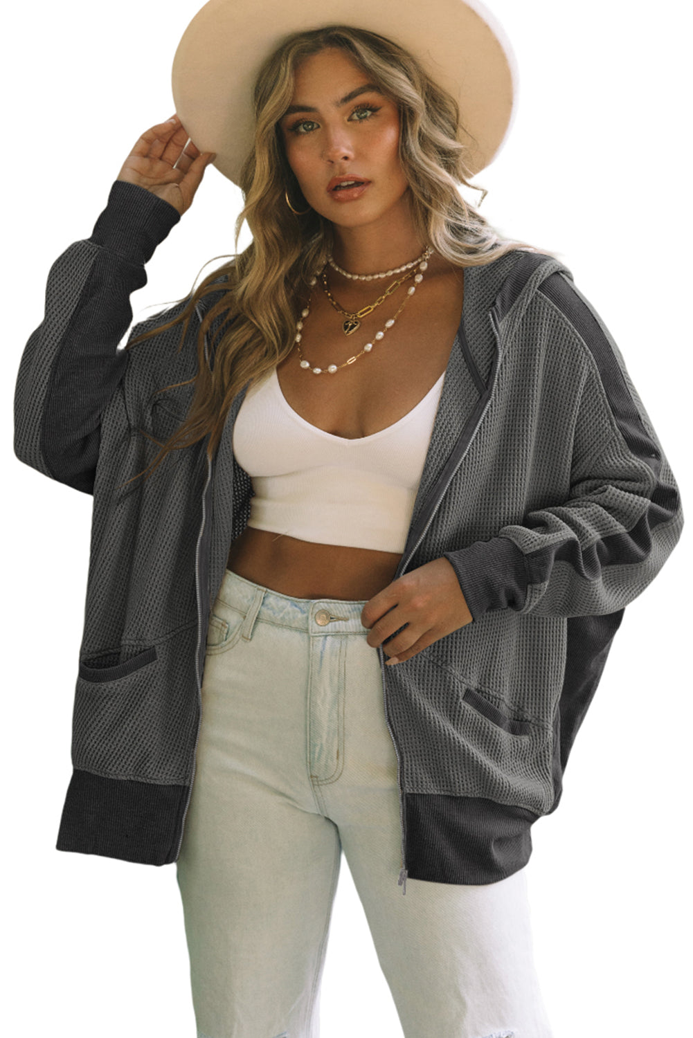 Gray Thermal Waffle Knit Full Zipper Hooded Jacket - Premium Outerwear from Momma Done Gone Crafty- Just $50.40! Shop now at Momma Done Gone Crafty