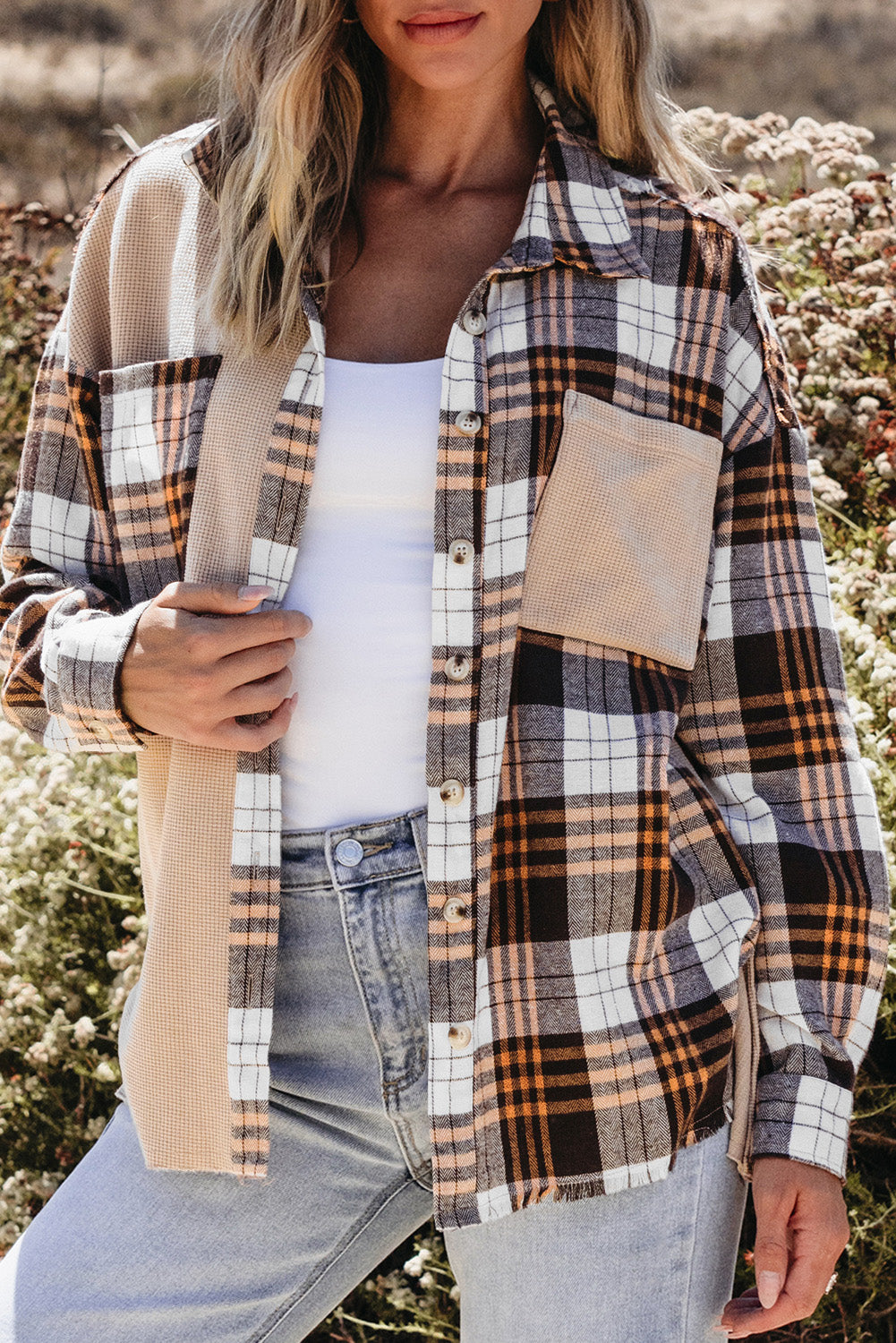 Khaki Thermal Knit Plaid Patchwork Shacket - Premium Outerwear/Plaid Shackets from Momma Done Gone Crafty- Just $45.99! Shop now at Momma Done Gone Crafty