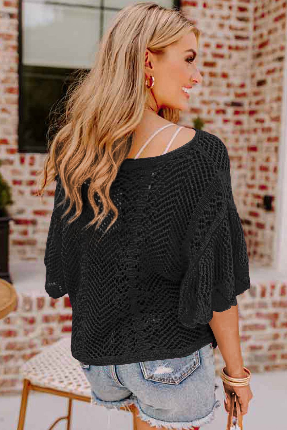 Black Pointelle Knit Scallop Edge Short Sleeve Top - Premium Sweaters & Cardigans/Short Sleeve Sweaters from Momma Done Gone Crafty- Just $28! Shop now at Momma Done Gone Crafty