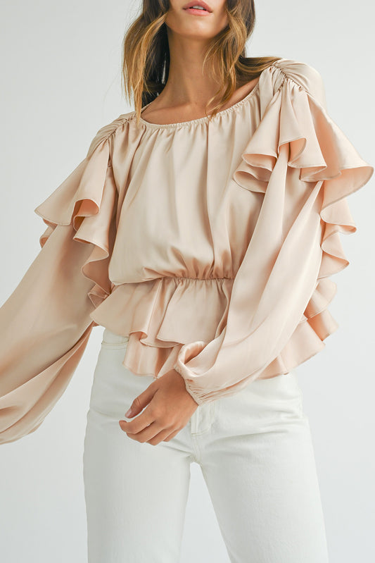 Oatmeal Lace-up Keyhole Back Ruffled Peplum Blouse - Premium Tops/Blouses & Shirts from Ashes 2 Wildflowers Boutique, LLC- Just $33.80! Shop now at Ashes 2 Wildflowers Boutique, LLC