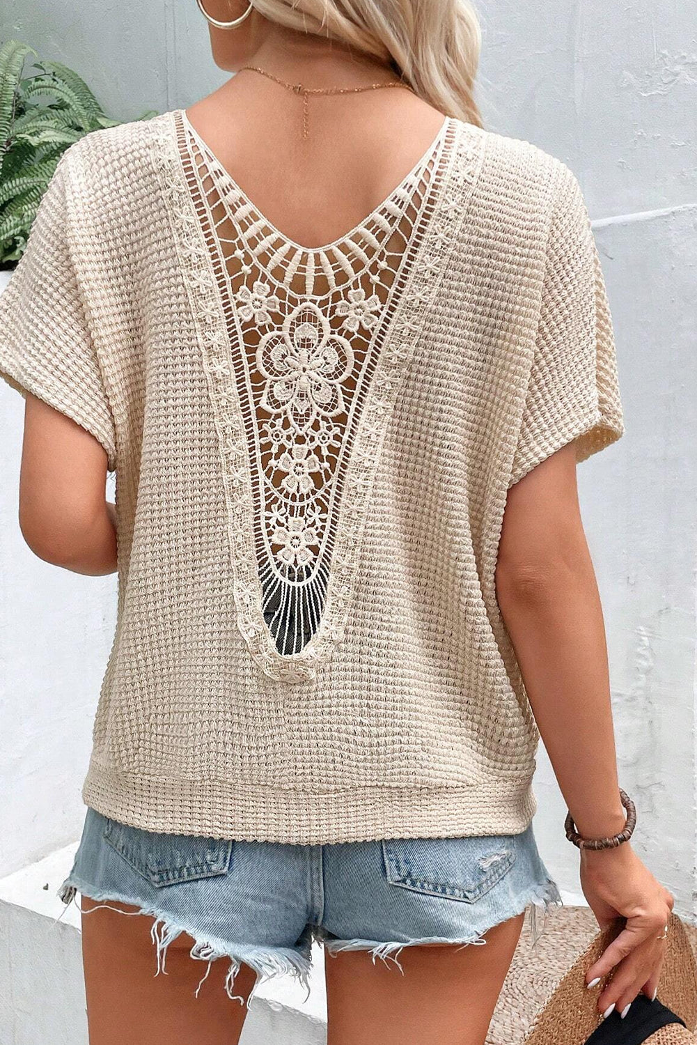 Oatmeal Guipure Lace Patch Textured T-shirt - Premium Tops/Tops & Tees from Momma Done Gone Crafty- Just $36.99! Shop now at Momma Done Gone Crafty