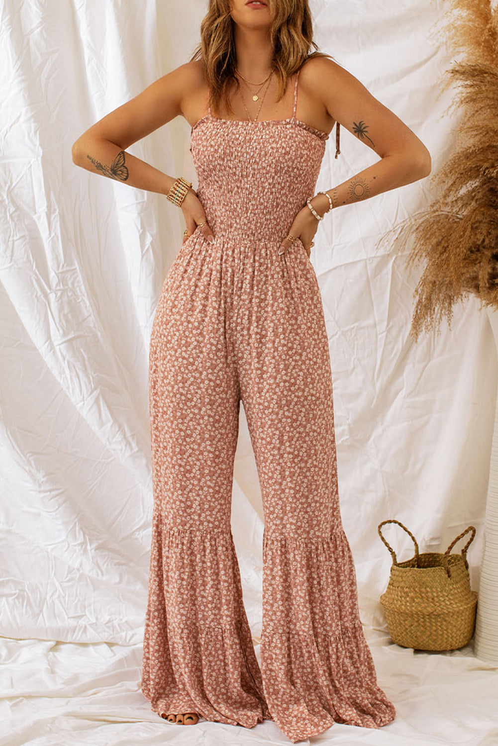 Khaki Thin Straps Smocked Bodice Wide Leg Floral Jumpsuit - Premium Bottoms from Momma Done Gone Crafty- Just $48! Shop now at Momma Done Gone Crafty