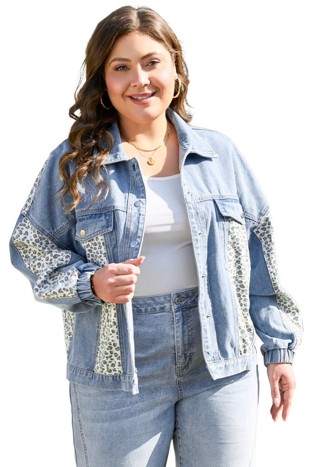 Beau Blue Leopard Patchwork Flap Detail Plus Size Denim Jacket - Premium Plus Size/Plus Size Outerwear from Momma Done Gone Crafty- Just $46.80! Shop now at Momma Done Gone Crafty