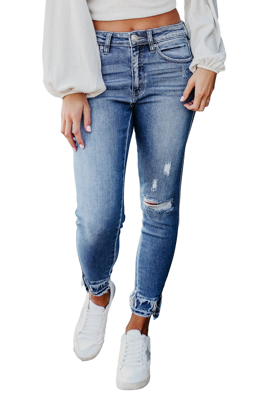 Light Blue Distressed Frayed Ankle Skinny Jeans - Premium Bottoms/Jeans from Ashes 2 Wildflowers Boutique, LLC- Just $35.52! Shop now at Ashes 2 Wildflowers Boutique, LLC