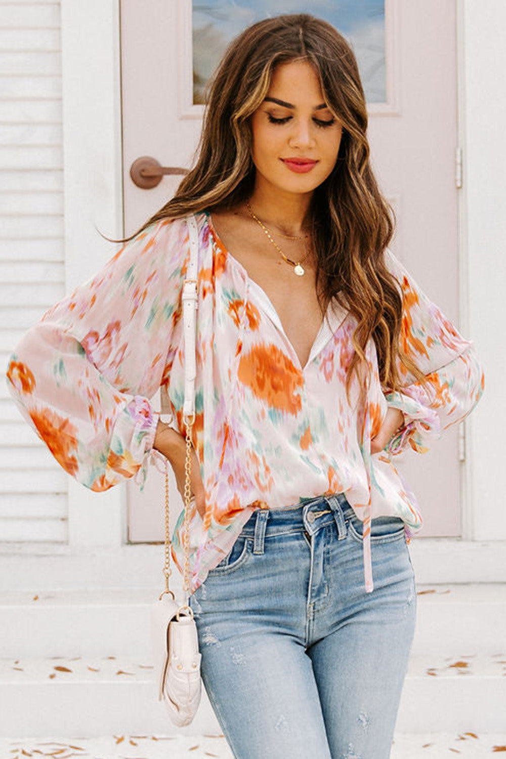 Multicolor Abstract Print Split Neck Puff Sleeve Blouse - Premium Tops from Momma Done Gone Crafty- Just $33.30! Shop now at Momma Done Gone Crafty