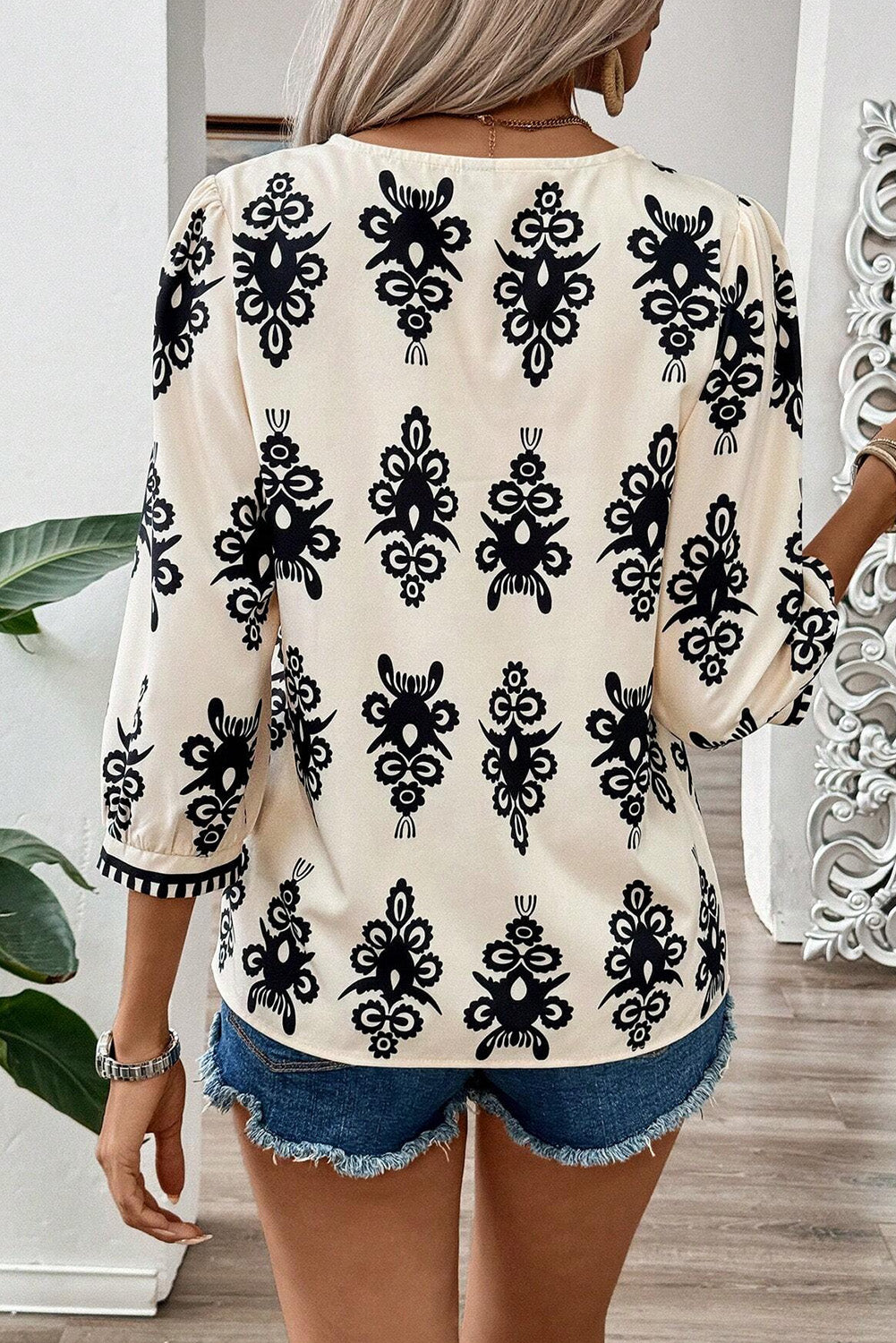 Beige Vintage Geometric Printed 3/4 Sleeve V Neck Blouse - Premium Tops/Blouses & Shirts from Ashes 2 Wildflowers Boutique, LLC- Just $28.93! Shop now at Ashes 2 Wildflowers Boutique, LLC