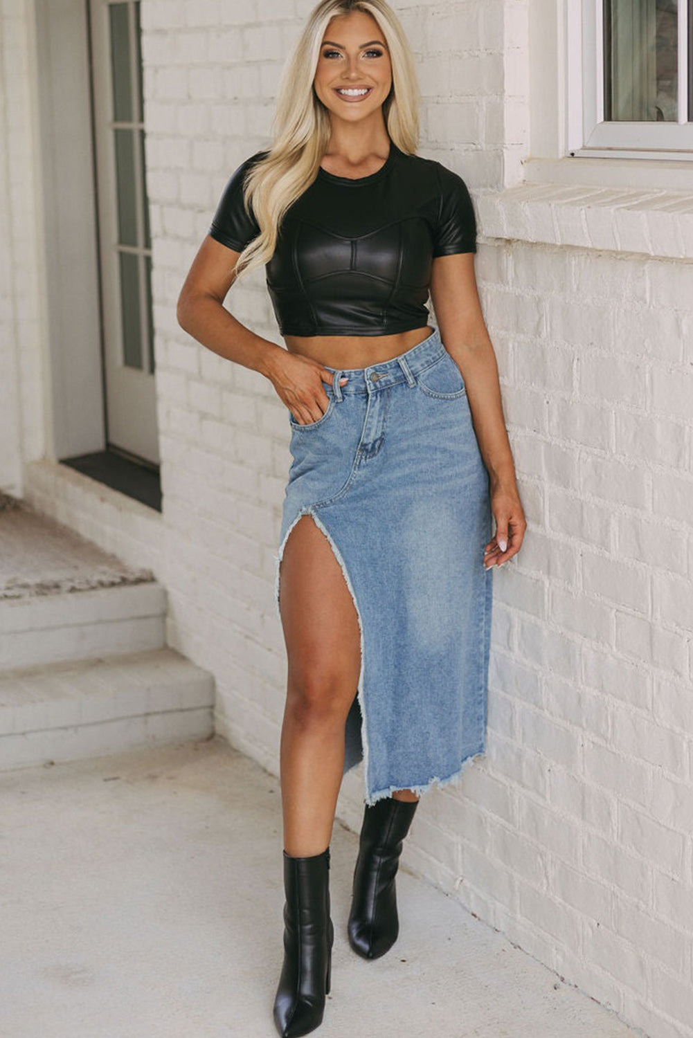 Light Blue Frayed Slit Asymmetric Denim Midi Skirt - Premium Bottoms/Skirts & Petticoat from Ashes 2 Wildflowers Boutique, LLC- Just $31.95! Shop now at Ashes 2 Wildflowers Boutique, LLC