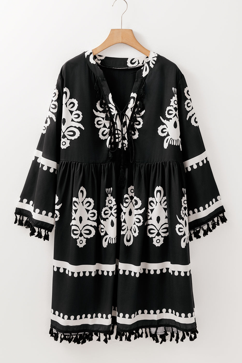 Black Plus Size Western Floral Print Fringed V Neck Dress - Premium Plus Size/Plus Size Dresses/Plus Size Mini Dresses from Momma Done Gone Crafty- Just $44.85! Shop now at Momma Done Gone Crafty
