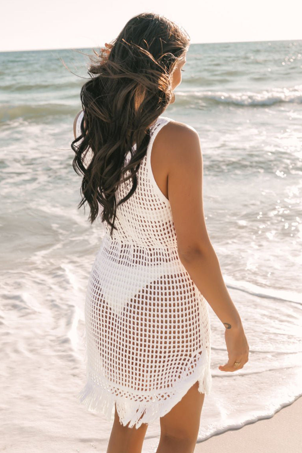 White Crochet Fishnet Fringed Edge V Neck Beach Cover Up - Premium Swimwear/Beach Cover-ups from Ashes 2 Wildflowers Boutique, LLC- Just $21.30! Shop now at Ashes 2 Wildflowers Boutique, LLC
