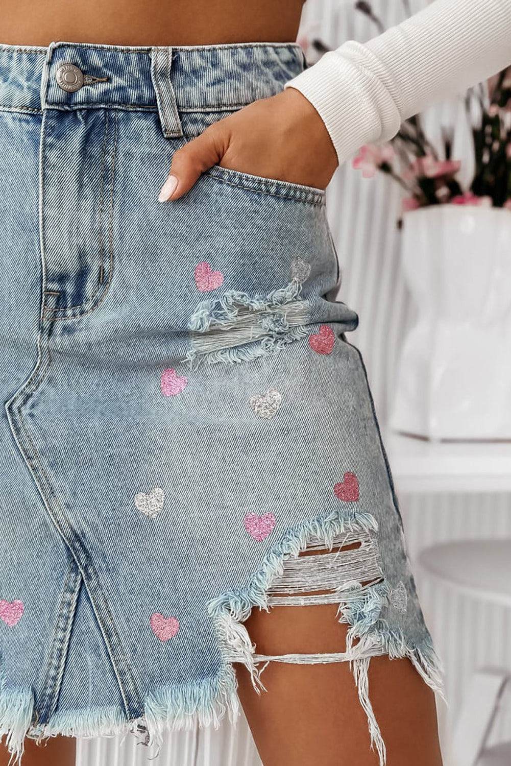Beau Blue Shimmer Heart Pattern Distressed Denim Mini Skirt - Premium Bottoms/Skirts & Petticoat from Ashes 2 Wildflowers Boutique, LLC- Just $36.90! Shop now at Ashes 2 Wildflowers Boutique, LLC