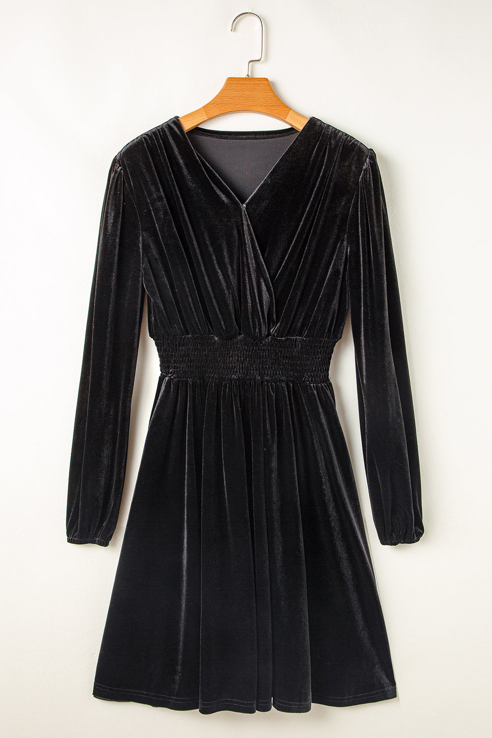 Black Velvet Long Sleeve Surplice High Waist Mini Dress - Premium Dresses/Mini Dresses from Momma Done Gone Crafty- Just $29.10! Shop now at Momma Done Gone Crafty