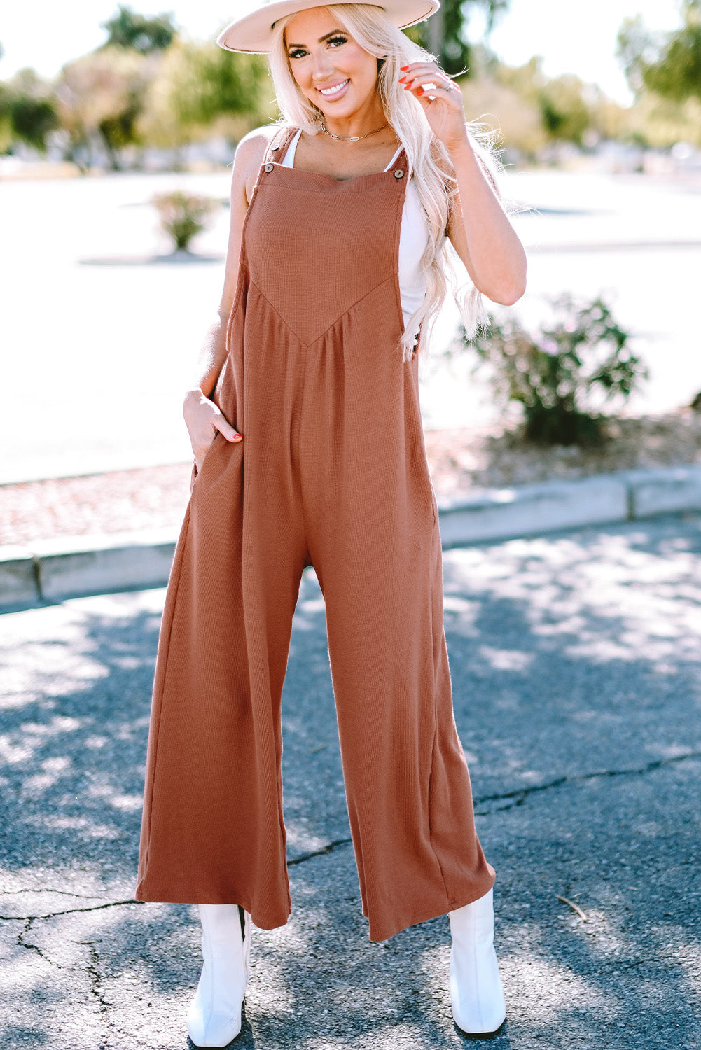 Gold Flame Textured Buttoned Straps Ruched Wide Leg Jumpsuit - Premium Bottoms/Jumpsuits & Rompers from Ashes 2 Wildflowers Boutique, LLC- Just $26.56! Shop now at Ashes 2 Wildflowers Boutique, LLC