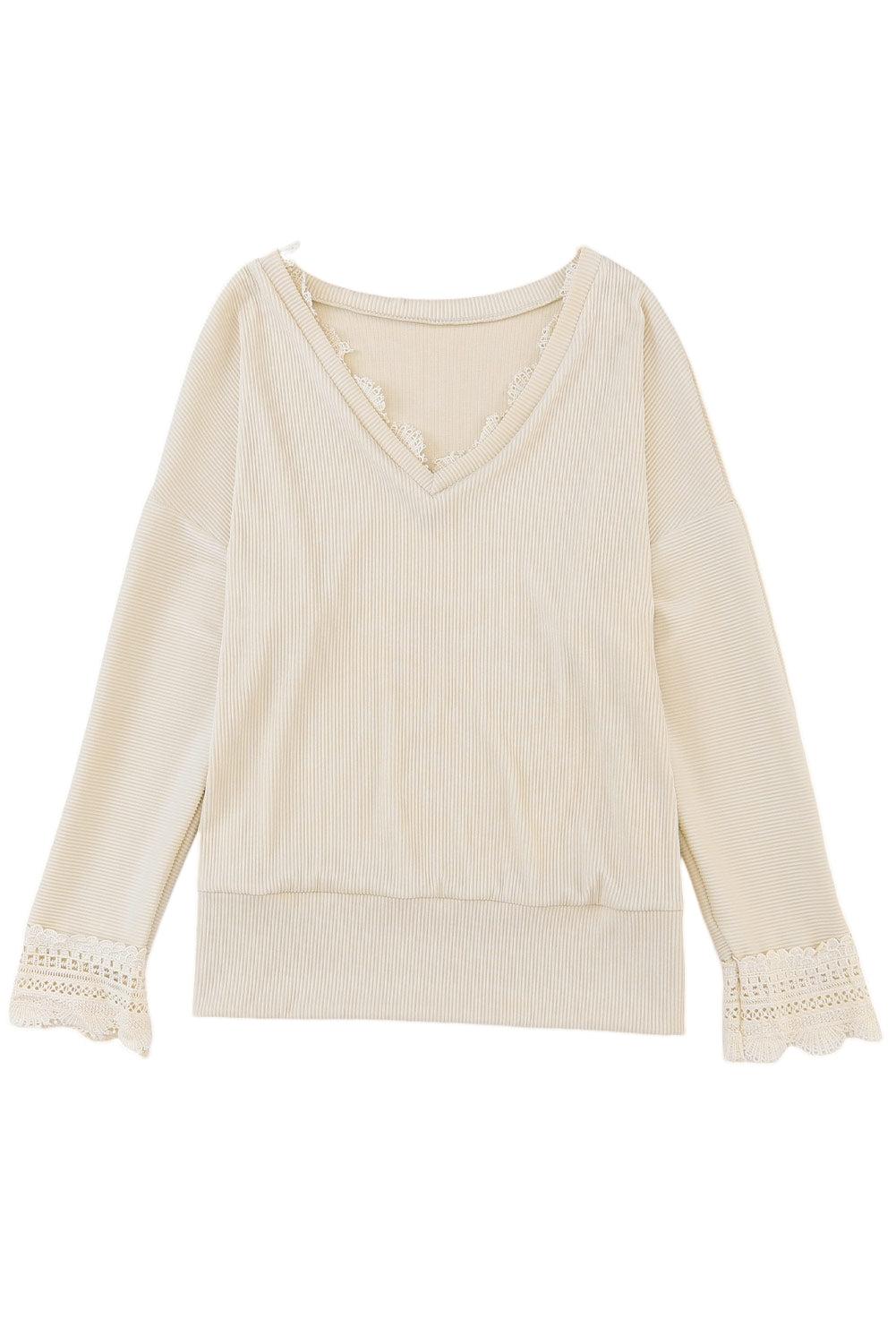 Apricot Ribbed Texture Lace Trim V Neck Long Sleeve Top - Premium Tops from Momma Done Gone Crafty- Just $30.60! Shop now at Momma Done Gone Crafty