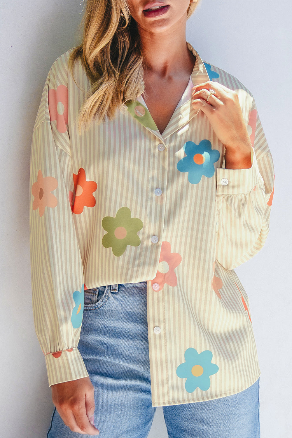 Apricot Stripe Flower Print Collared Button-up Loose Fit Shirt - Premium Sale (50% OFF)/30% OFF from Ashes 2 Wildflowers Boutique, LLC- Just $20.29! Shop now at Ashes 2 Wildflowers Boutique, LLC