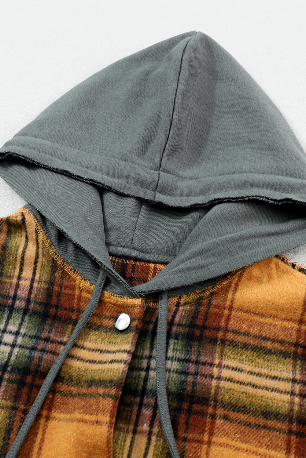 Orange Plaid Patch Hooded Frayed Snap Button Jacket - Premium Outerwear from Momma Done Gone Crafty- Just $52.62! Shop now at Momma Done Gone Crafty