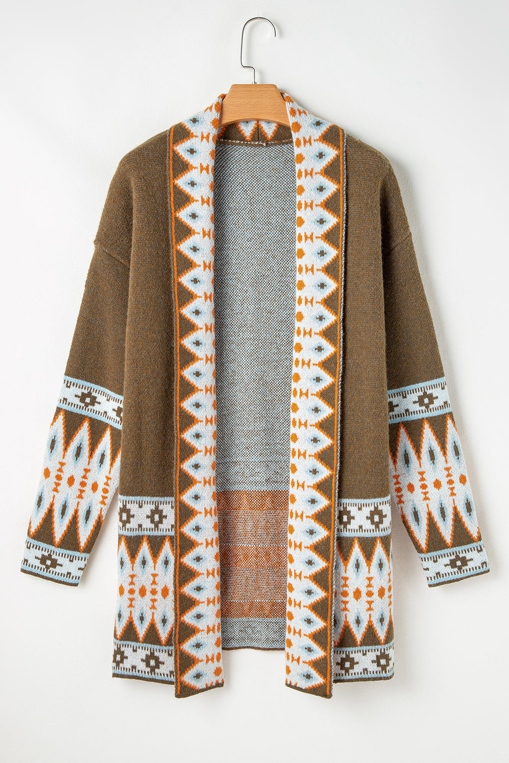 Brown Aztec Print Open Front Knitted Cardigan - Premium Sweaters & Cardigans/Cardigans from Ashes 2 Wildflowers Boutique, LLC- Just $40.97! Shop now at Ashes 2 Wildflowers Boutique, LLC