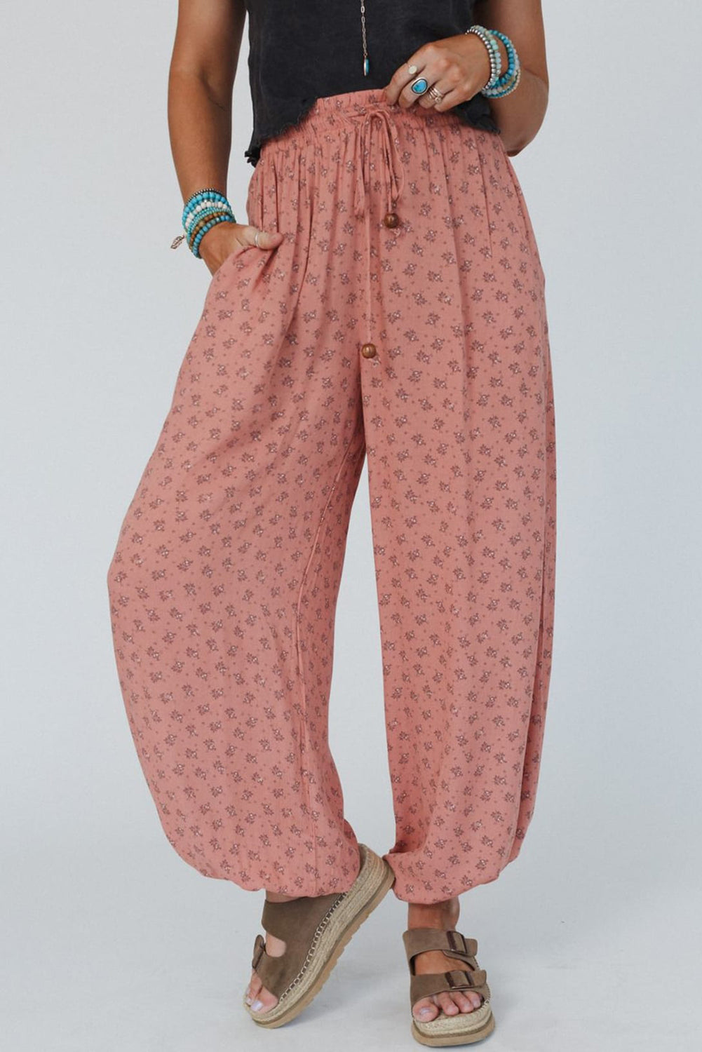 Pink Boho Floral Printed Wide Leg Jogger Pants - Premium Bottoms/Pants & Culotte from Momma Done Gone Crafty- Just $22.20! Shop now at Momma Done Gone Crafty