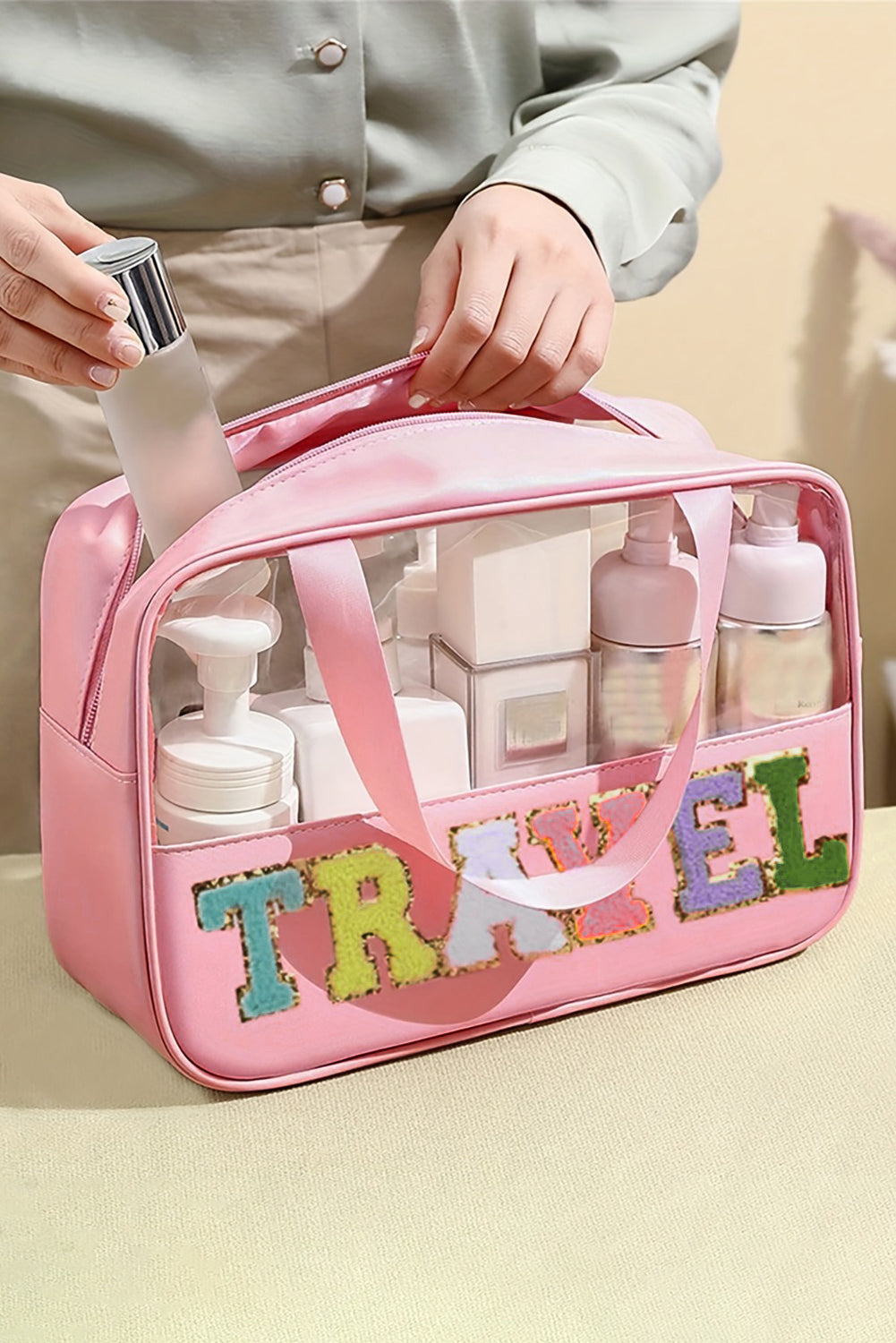 Light Pink TRAVEL Chenille Letter Clear PVC Makeup Bag - Premium Shoes & Bags/Makeup Bags from Momma Done Gone Crafty- Just $21.99! Shop now at Momma Done Gone Crafty