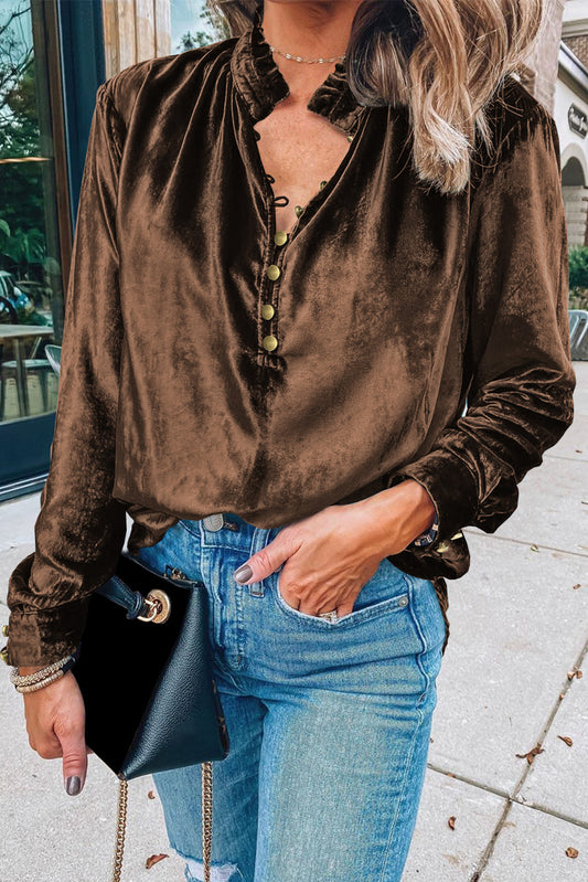Desert Palm Frilled Neck Buttoned Front Velvet Top - Premium Tops from Momma Done Gone Crafty- Just $40.11! Shop now at Momma Done Gone Crafty