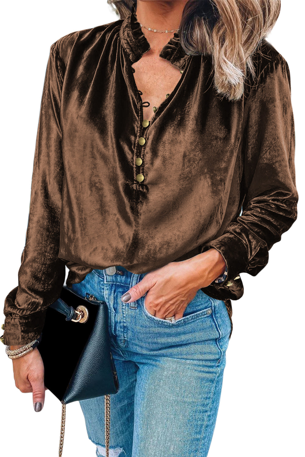 Desert Palm Frilled Neck Buttoned Front Velvet Top - Premium Tops from Momma Done Gone Crafty- Just $40.11! Shop now at Momma Done Gone Crafty