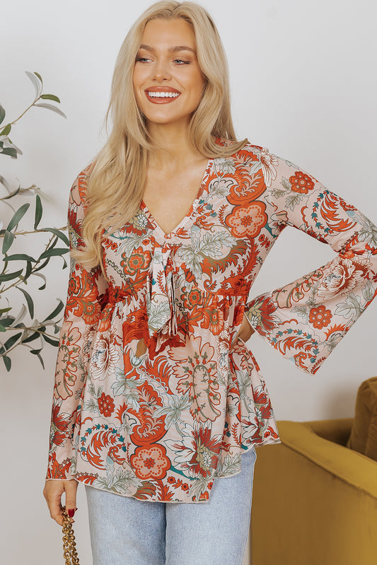 Orange Floral Print Deep V Neck Knot Bell Sleeve Blouse - Premium Tops/Blouses & Shirts from Ashes 2 Wildflowers Boutique, LLC- Just $17.58! Shop now at Ashes 2 Wildflowers Boutique, LLC