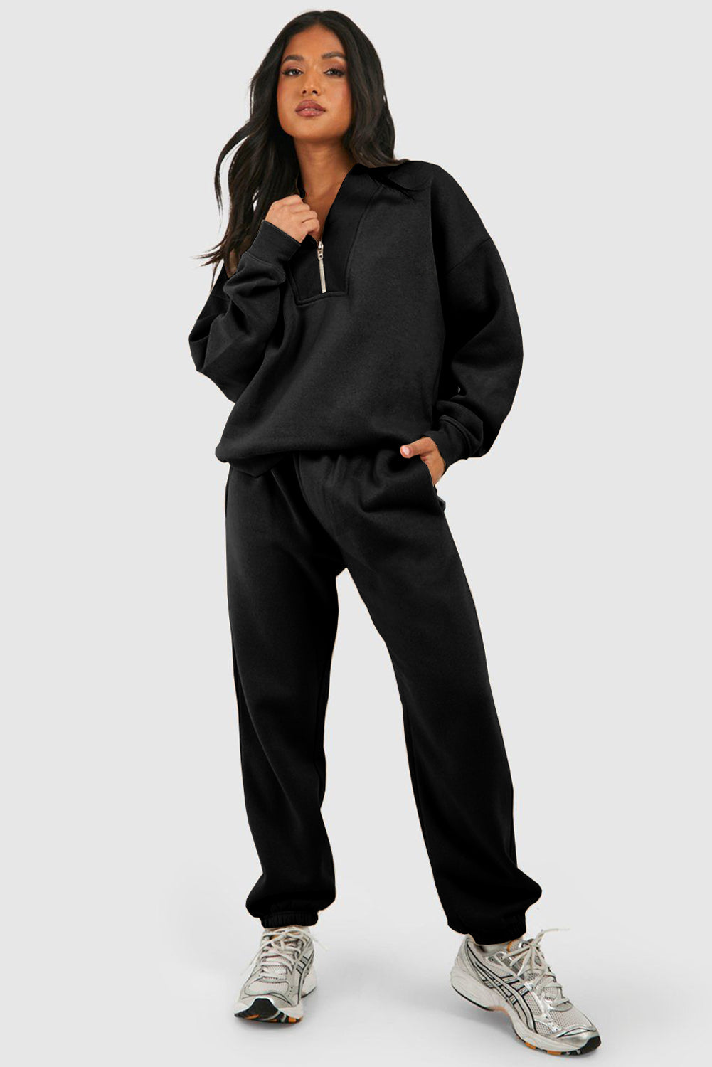 Black Plain Half Zip V Neck Ribbed Edge Loose Tracksuit - Premium Activewear/Activewear Sets from Ashes 2 Wildflowers Boutique, LLC- Just $47.70! Shop now at Ashes 2 Wildflowers Boutique, LLC