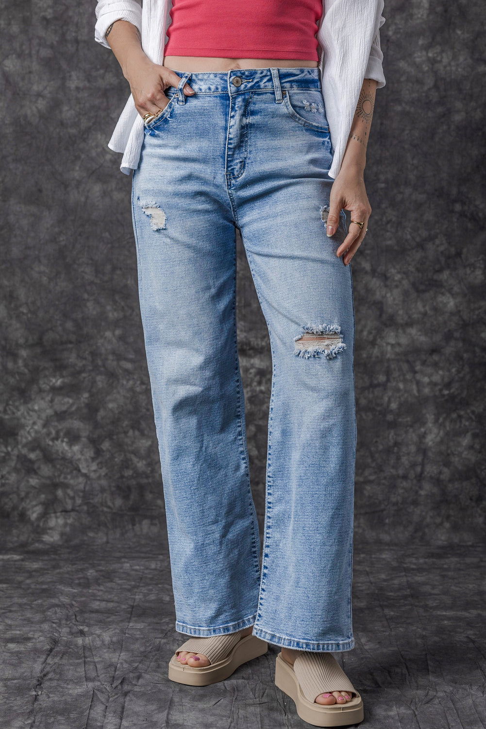 Light Blue High Rise Distressed Straight Leg Jeans - Premium Bottoms/Jeans from Ashes 2 Wildflowers Boutique, LLC- Just $37.14! Shop now at Ashes 2 Wildflowers Boutique, LLC