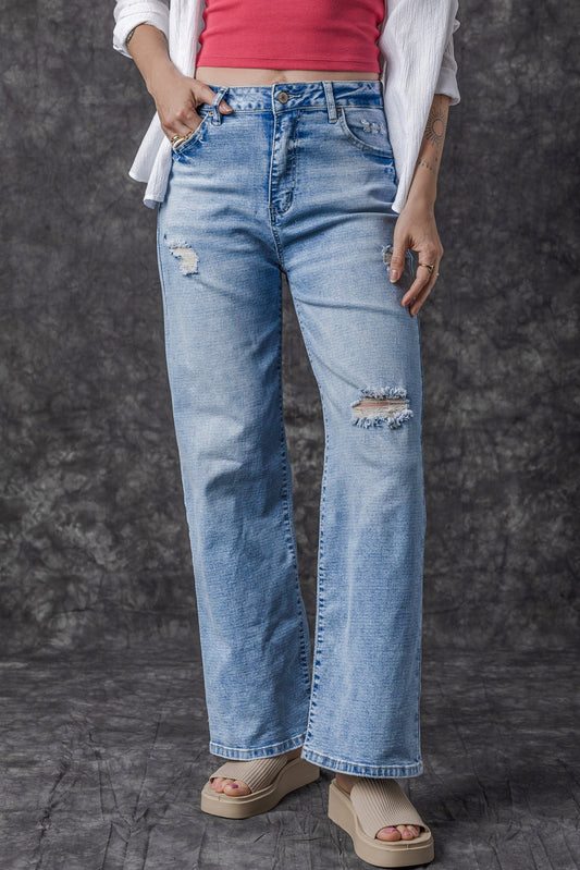 Light Blue High Rise Distressed Straight Leg Jeans - Premium Bottoms/Jeans from Ashes 2 Wildflowers Boutique, LLC- Just $37.14! Shop now at Ashes 2 Wildflowers Boutique, LLC