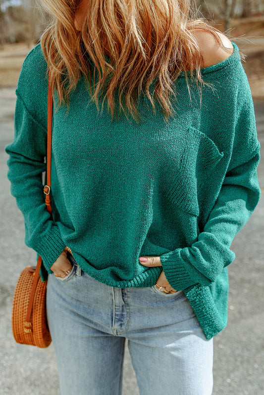Green Solid Color Off Shoulder Rib Knit Sweater with Pocket - Premium Tops from Momma Done Gone Crafty- Just $40.20! Shop now at Momma Done Gone Crafty