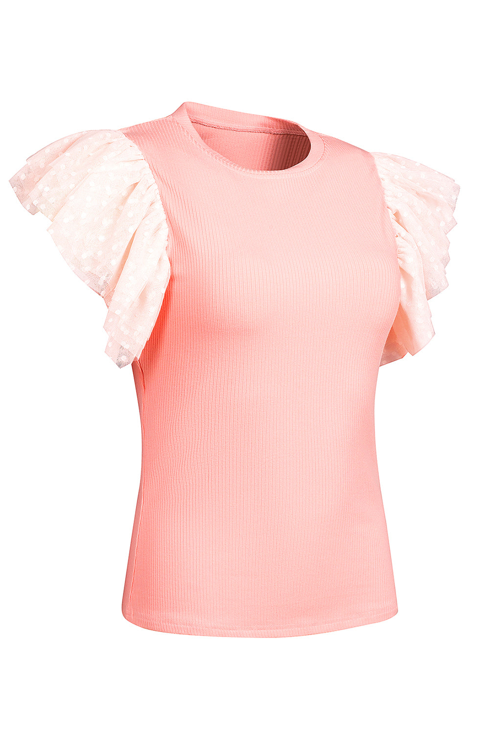 Pink Dotty Mesh Ruffle Sleeve Ribbed Knit Top - Premium Tops from Ashes 2 Wildflowers Boutique, LLC- Just $38.99! Shop now at Ashes 2 Wildflowers Boutique, LLC