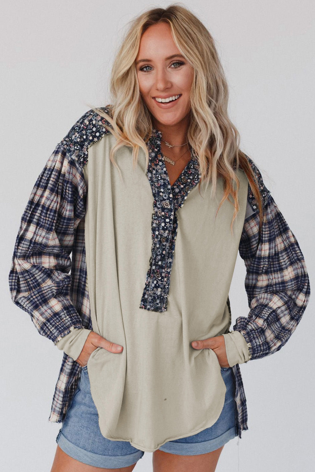 Blue Floral Plaid Mixed Print Bishop Sleeve Patchwork Top - Premium Tops from Momma Done Gone Crafty- Just $45.87! Shop now at Momma Done Gone Crafty
