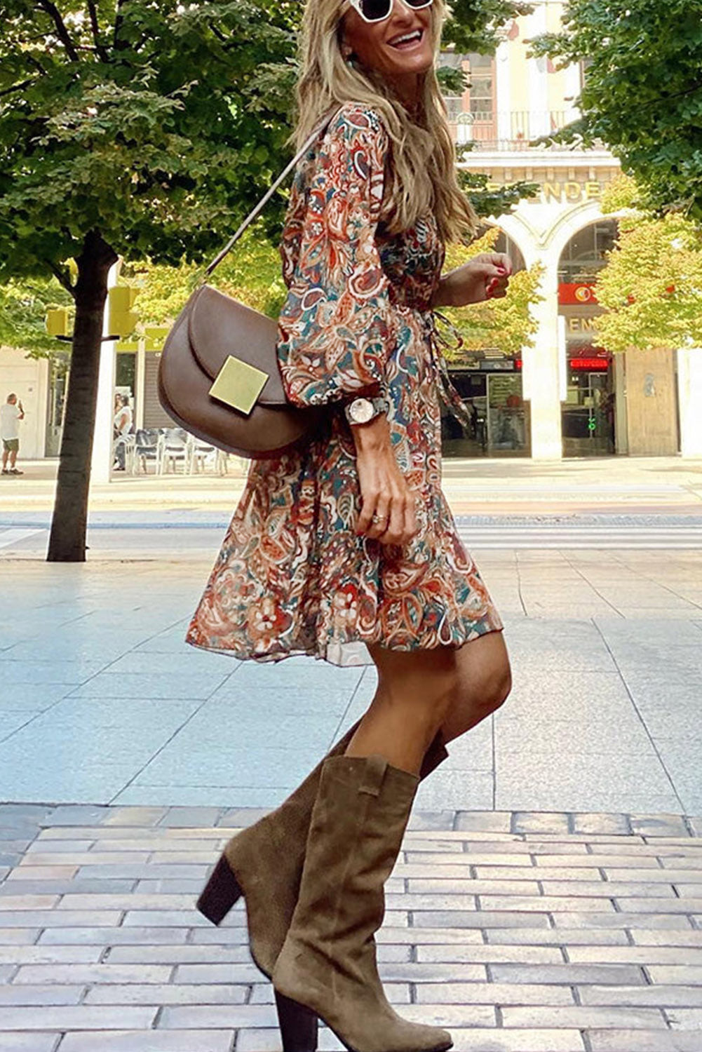 Brown Geometric Print Long Sleeve Surplice Flowy Dress - Premium Dresses from Momma Done Gone Crafty- Just $44.67! Shop now at Momma Done Gone Crafty