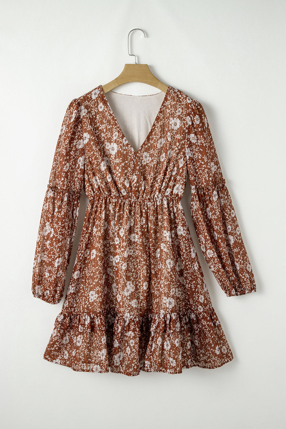 Brown Boho Floral Ruffled Puff Sleeve V Neck Mini Dress - Premium Dresses/Floral Dresses from Momma Done Gone Crafty- Just $35.10! Shop now at Momma Done Gone Crafty