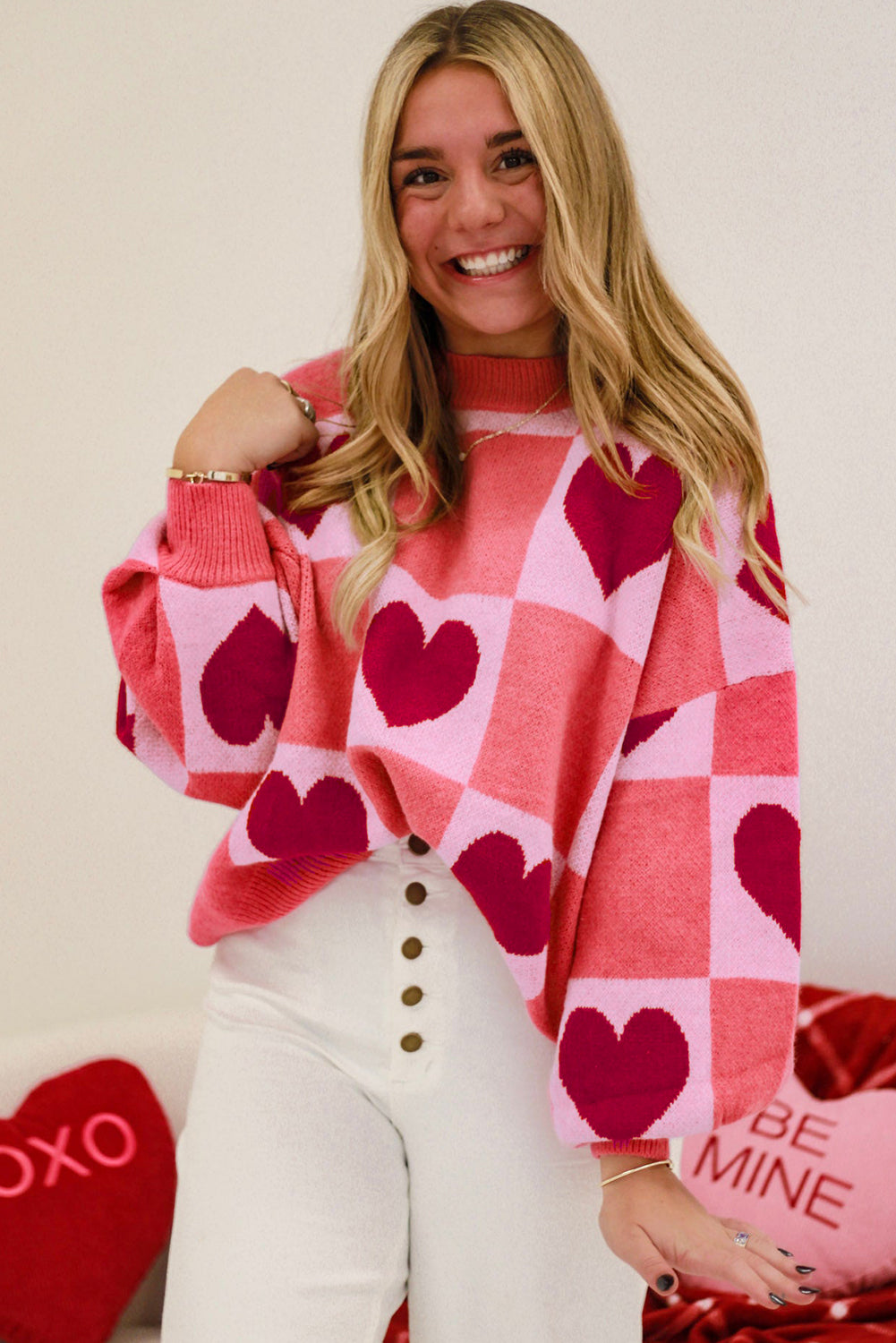 Pink Plus Size Love Heart Block Mock Neck Lantern Sleeve Valentine Sweater - Premium Plus Size/Plus Size Sweaters & Cardigans from Momma Done Gone Crafty- Just $33! Shop now at Momma Done Gone Crafty