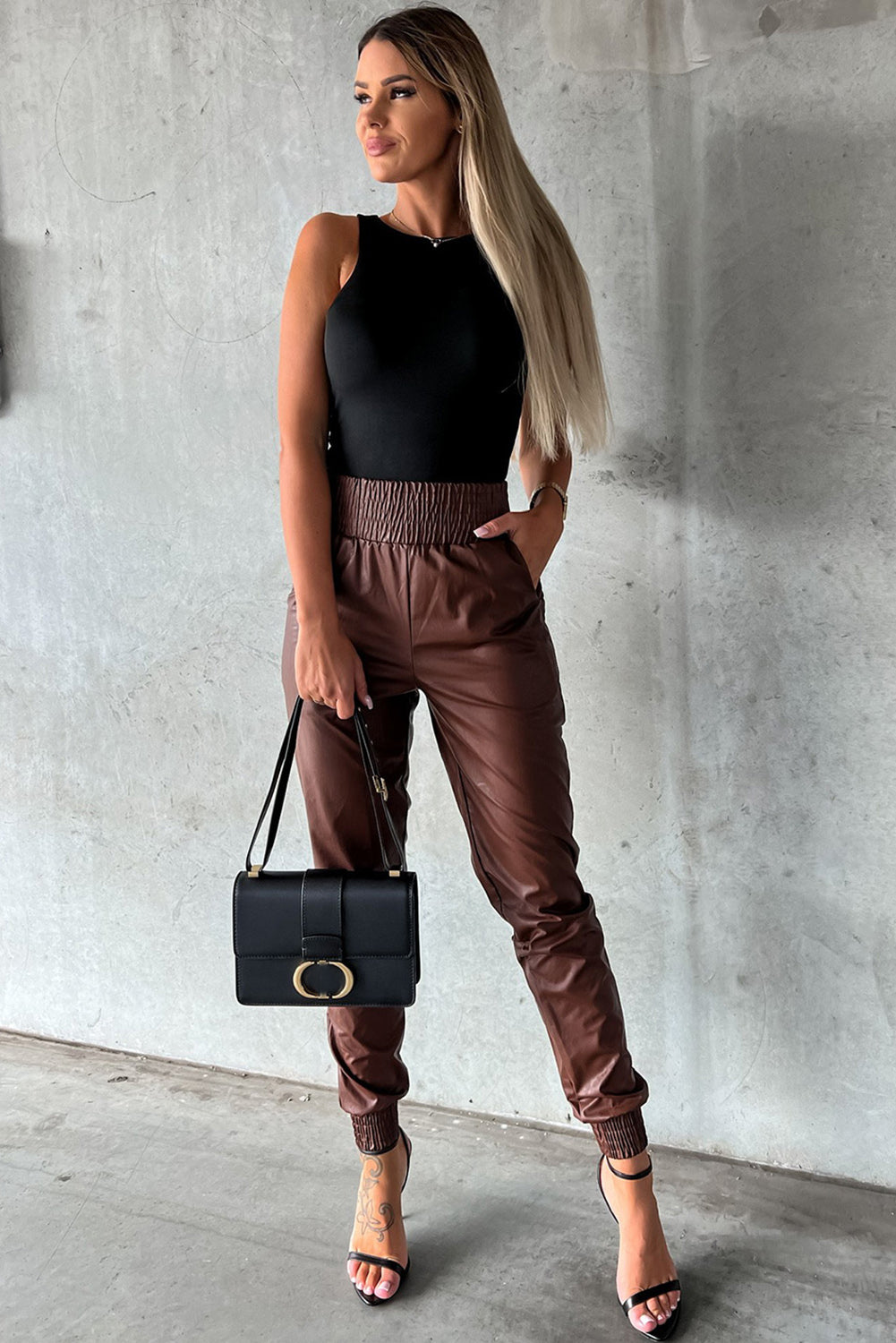Brown Smocked High-Waist Leather Skinny Pants - Premium Bottoms from Momma Done Gone Crafty- Just $58.71! Shop now at Momma Done Gone Crafty