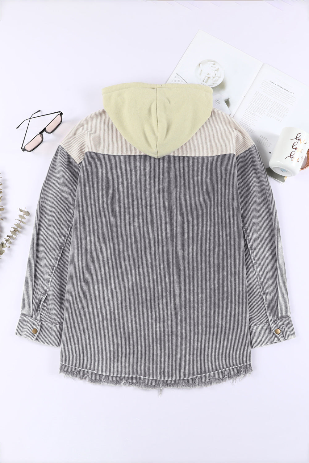 Gray Color Block Button Down Hooded Corduroy Jacket - Premium Outerwear from Momma Done Gone Crafty- Just $68.94! Shop now at Momma Done Gone Crafty