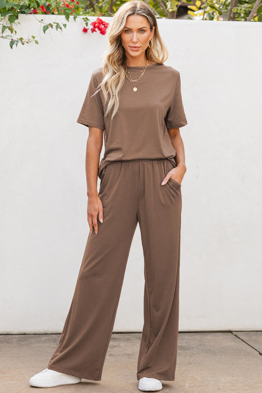 Smoke Gray Solid Color T Shirt 2pcs Wide Leg Pants Set - Premium Two Piece Sets/Pant Sets from Ashes 2 Wildflowers Boutique, LLC- Just $32.81! Shop now at Ashes 2 Wildflowers Boutique, LLC