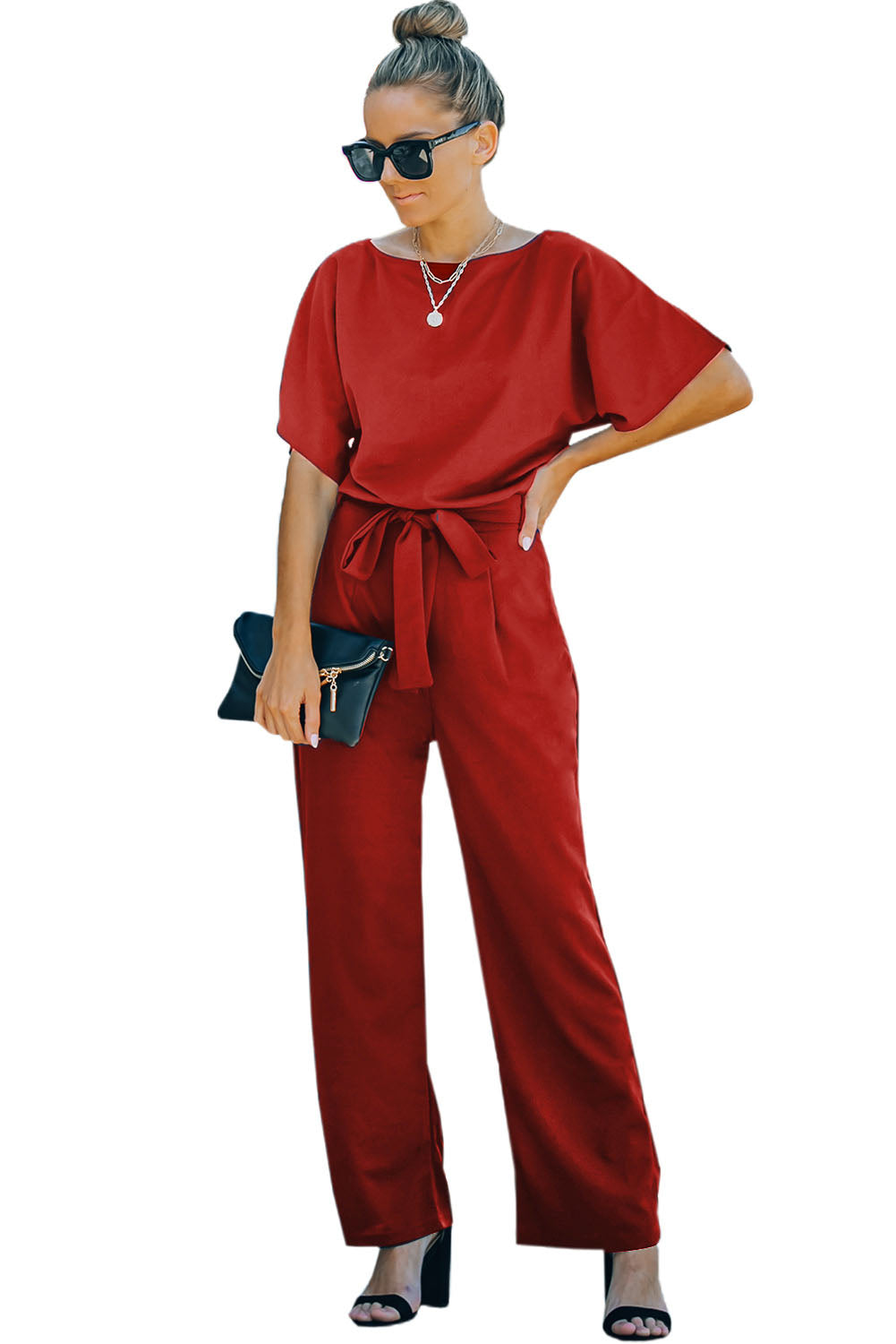 Red Belted Wide Leg Jumpsuit - Premium Bottoms from Momma Done Gone Crafty- Just $40.20! Shop now at Momma Done Gone Crafty