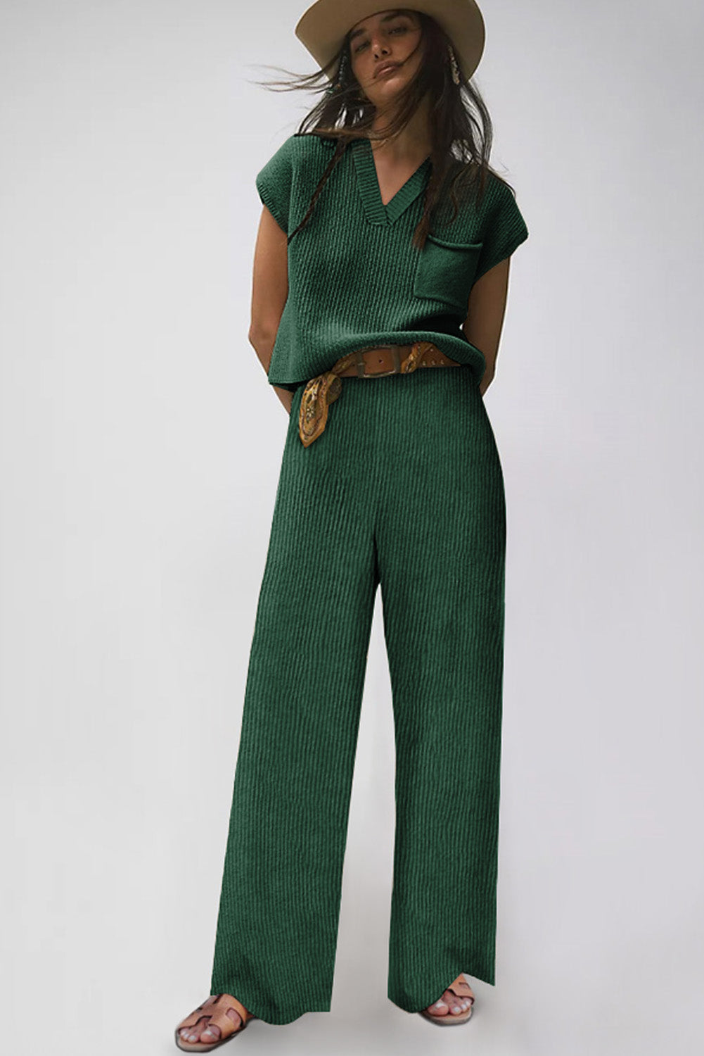 Green Knitted V Neck Sweater and Casual Pants Set - Premium Loungewear from Momma Done Gone Crafty- Just $82.26! Shop now at Momma Done Gone Crafty