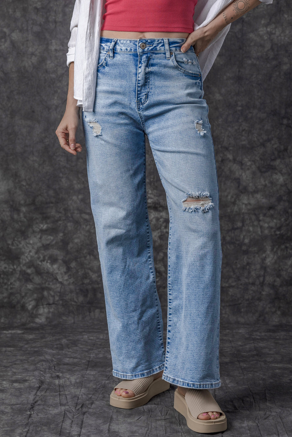 Light Blue High Rise Distressed Straight Leg Jeans - Premium Bottoms/Jeans from Ashes 2 Wildflowers Boutique, LLC- Just $37.14! Shop now at Ashes 2 Wildflowers Boutique, LLC