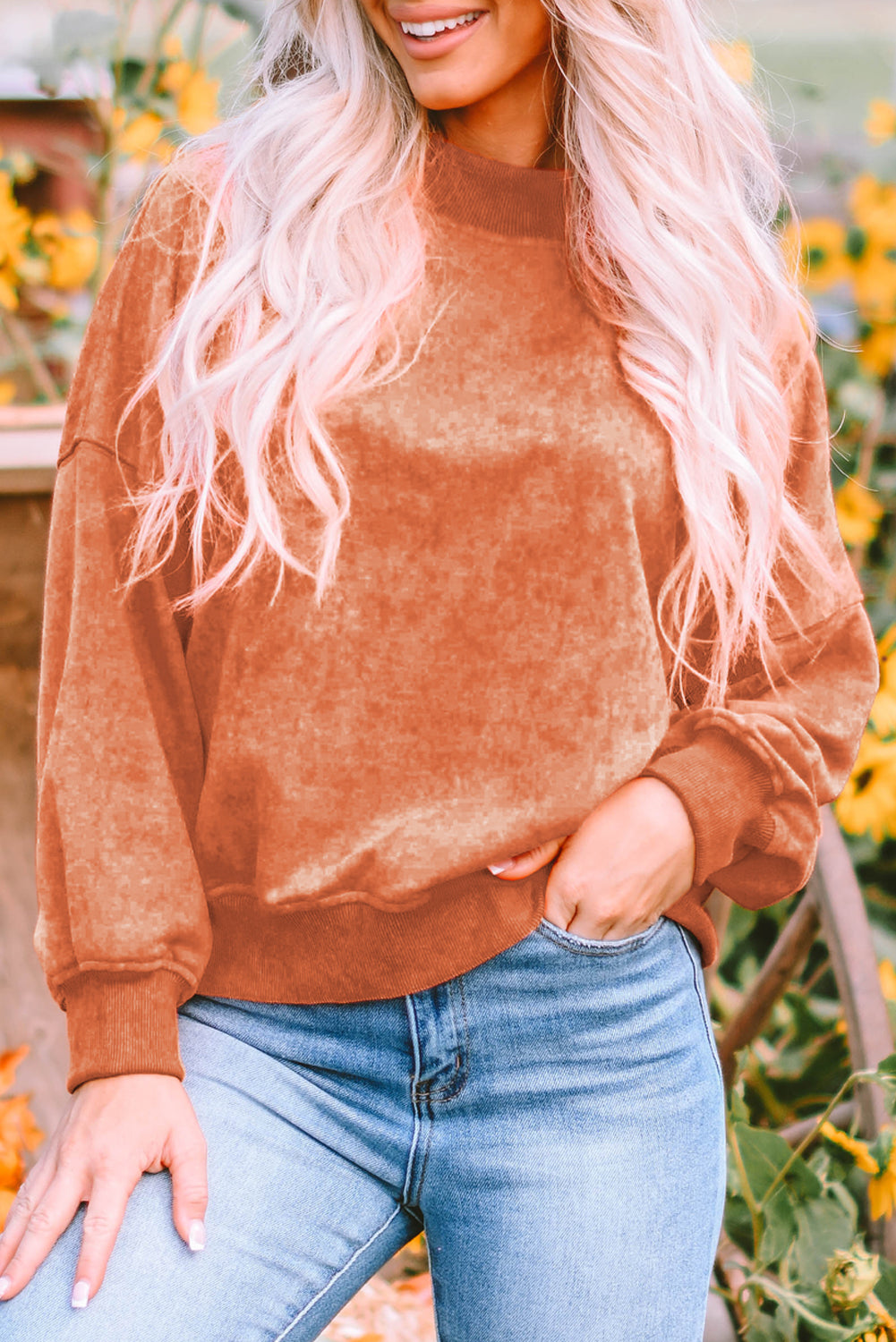 Orange Drop Shoulder Crew Neck Pullover Sweatshirt - Premium Tops from Momma Done Gone Crafty- Just $41.94! Shop now at Momma Done Gone Crafty