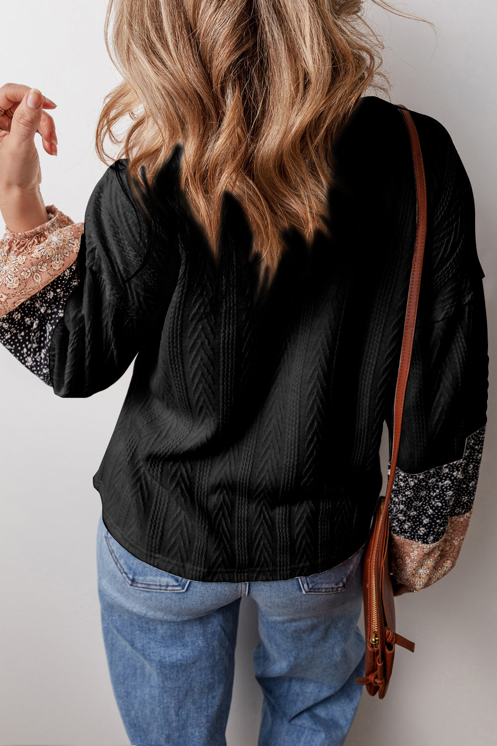 Black Floral Patchwork Textured Knit Drawstring V Neck Blouse - Premium Tops/Blouses & Shirts from Ashes 2 Wildflowers Boutique, LLC- Just $18.55! Shop now at Ashes 2 Wildflowers Boutique, LLC